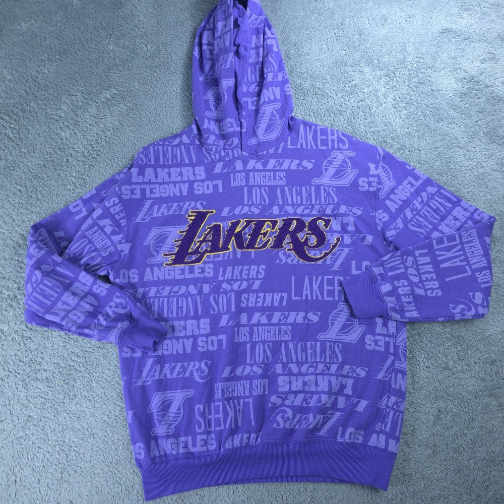 NBA Hoodie Mens Small Purple Los Angeles Lakers All Over Print Chenille Logo